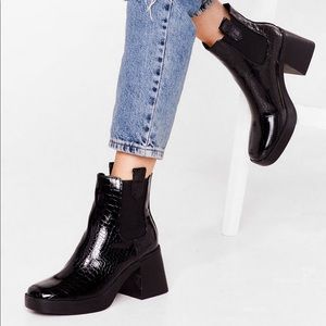 Nasty Gal Faux Leather Croc Square Toe Heeled Boots